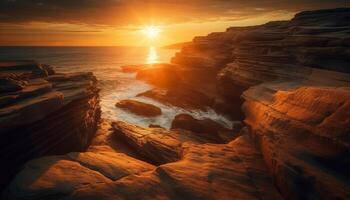 majestätisk sten bildning på vattnen kant, gul solnedgång genererad förbi ai foto