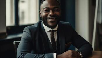 självsäker afrikansk affärsman Sammanträde i modern kontor, leende på kamera genererad förbi ai foto
