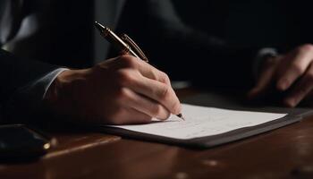 framgångsrik affärsman signering kontrakt med penna på dokumentera på skrivbord genererad förbi ai foto