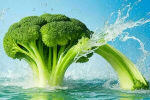 vatten stänk på grön broccoli. ai generativ proffs Foto