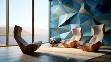 modern levande rum med trä- geometrisk vägg, generativ ai foto