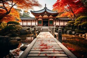 kyoto tempel Utsmyckad med vibrerande höst ai generativ foto