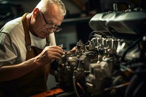 skicklig mekaniker arbetssätt i bil- reparera affär ai generativ foto