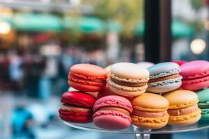 färgrik macarons är anordnad i en affär visa ai generativ foto