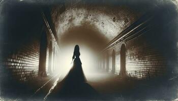en årgång sepia-tonad Foto med en grunge redigera, terar en spöklik kvinna i en klänning inom en dimmig tunnel på natt. ai genererad