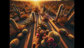 en öken- landskap under solnedgång med kaktusar i olika former och storlekar.ai generativ foto