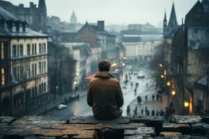 ensam vuxen manlig i grynig stadsbild bakgrund med tömma Plats för text foto
