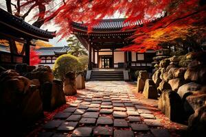 kyoto tempel Utsmyckad med vibrerande höst ai generativ foto