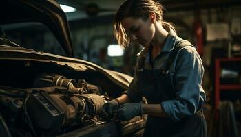 kvinna mekaniker reparation en årgång bil generativ ai foto