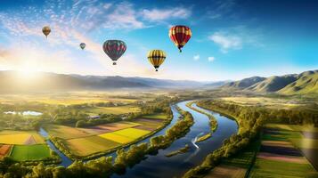 varm luft ballong över en landskap av floder och bergen generativ ai foto