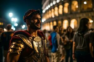 en gata artist klädd som en roman gladiator en Foto av en löpare tävlar genom en stad parkera ai generativ