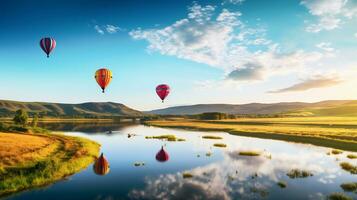 varm luft ballong över en landskap av floder och bergen generativ ai foto
