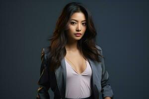 asiatisk modell i eleganta tillfällig kläder på enkel fast studio bakgrund ai generativ foto