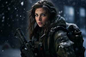 en kvinna soldat är på plikt i en snöig plats ai generativ foto