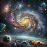 en hisnande stil representation av de omfattande kosmos med en spiral galax, nebulosor, och drivande asteroider. ai generativ foto