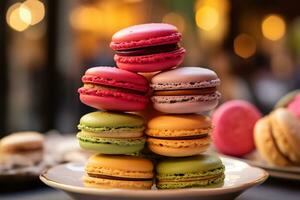 färgrik macarons är anordnad i en affär visa ai generativ foto