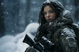 en kvinna soldat är på plikt i en snöig plats ai generativ foto
