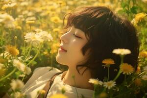 asiatisk flicka liggande i en äng full av blommor generativ ai foto