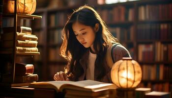 asiatisk flicka läsning en bok i de bibliotek foto