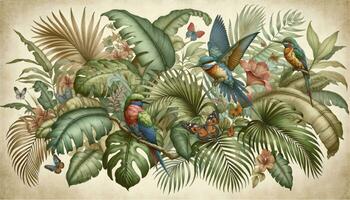 en tropisk skog väggmålning, visa upp exotisk löv, vibrerande fåglar, och delikat fjärilar, återges i en stil påminner av ett gammal botanisk teckning. ai genererad foto