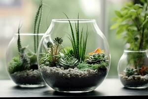 interiör design, mini saftig trädgård i glas terrarium på fönsterbräda. generativ ai. foto