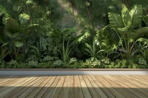 interiör design, tömma trä- terrass med grön vägg 3d rendera, där är trä planka golv med tropisk stil träd trädgård bakgrund solljus glans på de träd. generativ ai. foto