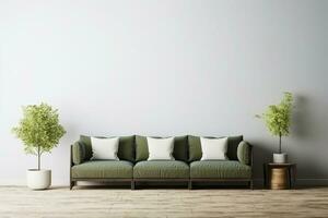 samtida interiör design för 3 affisch ramar i levande rum falsk upp med grön soffa, trä- pott och golv lampa. generativ ai. foto