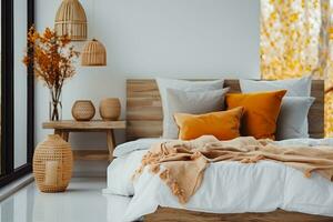 interiör design, brun och orange kuddar på vit säng i naturlig sovrum interiör med korg- lampa och trä- bedside tabell med vas. generativ ai. foto