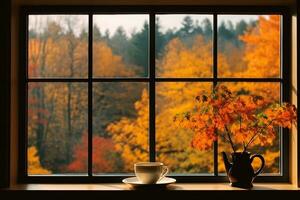 se ut de fönster höst säsong grön gul orange löv kaffe kopp. generativ ai. foto