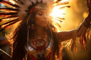 inföding amerikan man indisk stam porträtt i främre av natur foto