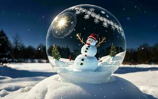 förtrollade Semester snögubbe i en jul snö klot ai genererad foto