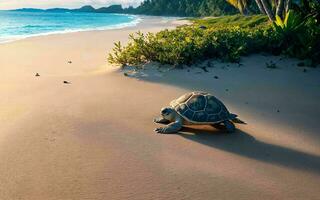 de otrolig resa sköldpaddor går ombord på en kust äventyr ai genererad foto