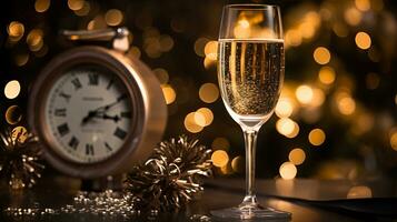ai generativ ny år eve champagne med bokeh ljus och klocka foto