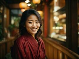 Lycklig leende asiatisk kvinnor porträtt i röd retro klänning. generativ ai foto