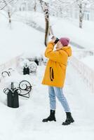 skön flicka i en gul jacka fotograf tar bilder av snö i en vinter- parkera foto