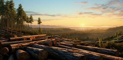 trä- loggar i de skog på soluppgång. panorama- se ai genererad foto