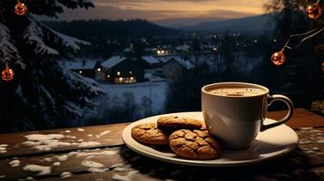 jul kopp av kaffe och småkakor på en trä- bakgrund med jul träd och bokeh ai genererad foto