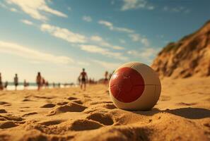 fotboll boll på de sand strand med blå himmel och hav bakgrund ai genererad foto