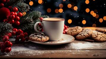 jul kopp av kaffe och småkakor på en trä- bakgrund med jul träd och bokeh ai genererad foto