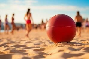 fotboll boll på de sand strand med blå himmel och hav bakgrund ai genererad foto