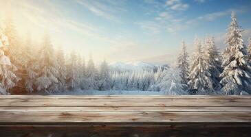 vinter- landskap med snö täckt träd och faller snöflingor. vinter- bakgrund ai genererad foto
