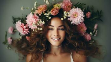 en kvinna med en blomma krona på henne huvud, generativ ai foto