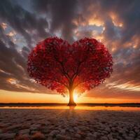 röd hjärta formad träd på solnedgång. ai genererad foto