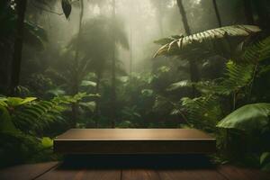 trä- podium i tropisk skog för produkt presentation ai generativ foto