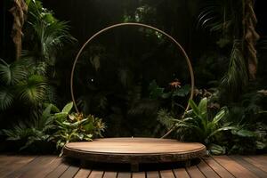 trä- podium i tropisk skog för produkt presentation ai generativ foto