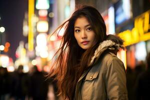 skön asiatisk flicka bär tillfällig klädsel i trottoar ai generativ foto