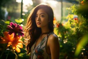 skön asiatisk flicka utsöndrar henne naturlig skönhet ai generativ foto