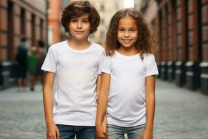 porträtt av två liten barn i vit t-tröjor stående på de street.ai genererad foto