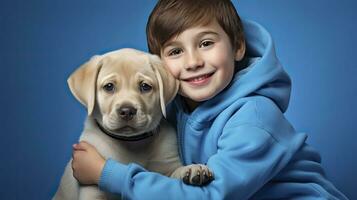 porträtt av en liten pojke med labrador valp på blå bakgrund.ai genererad foto