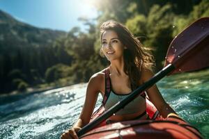 ung kvinna Kajakpaddling på en berg flod. aktiva livsstil concept.ai genererad foto